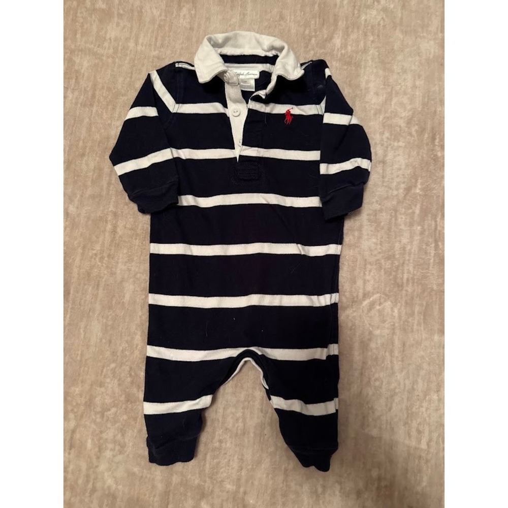 Ralph Lauren Baby Boys Navy White Striped Rugby Romper Coverall 6M